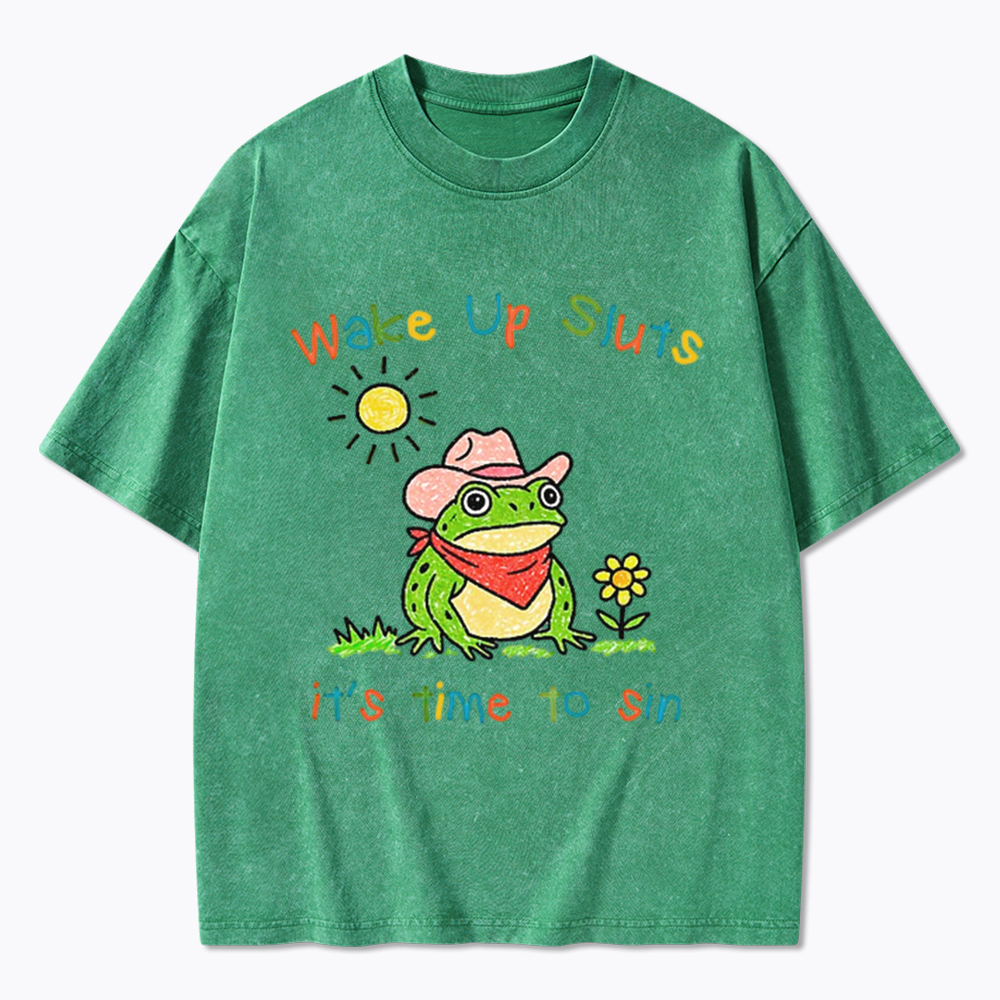 Wake Up It's Time To Sin Funny Cowboy Frog Washed T-Shirt