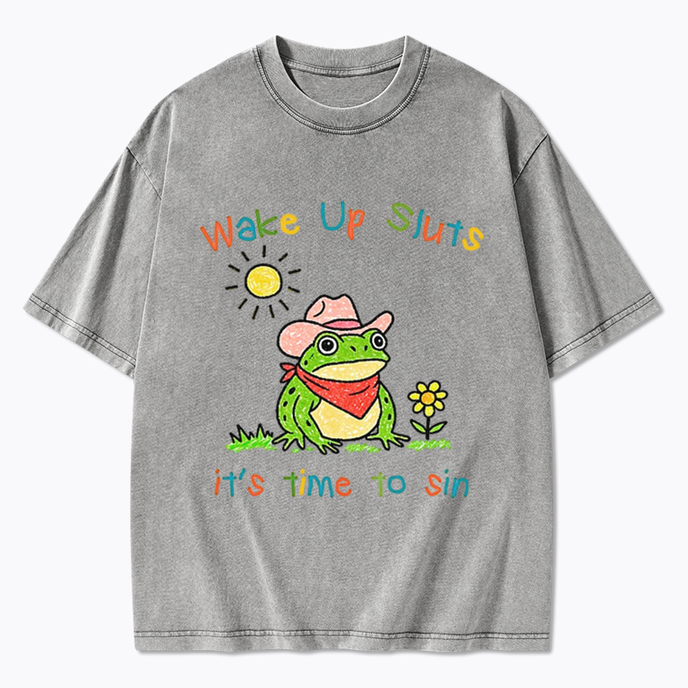 Wake Up It's Time To Sin Funny Cowboy Frog Washed T-Shirt