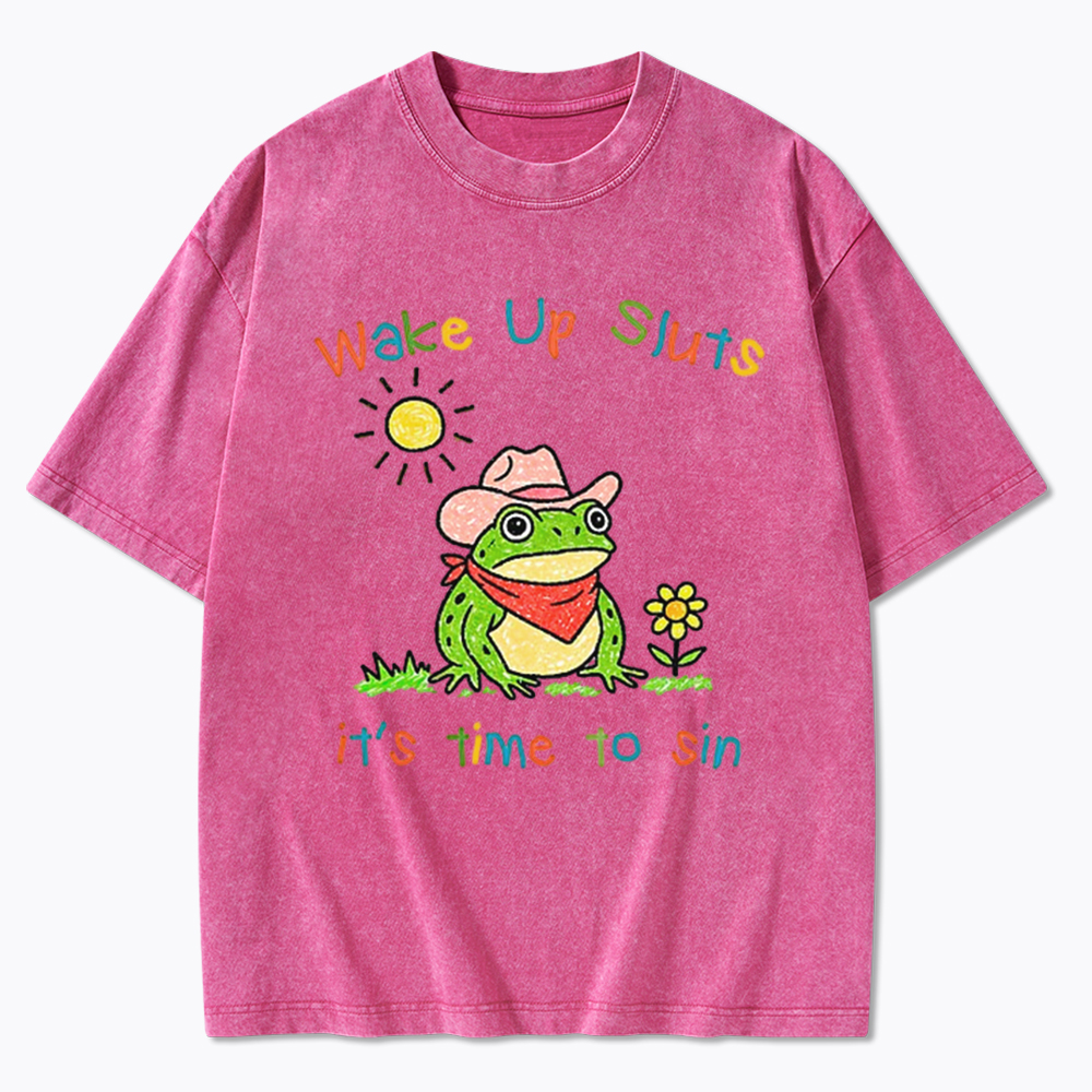 Wake Up It's Time To Sin Funny Cowboy Frog Washed T-Shirt