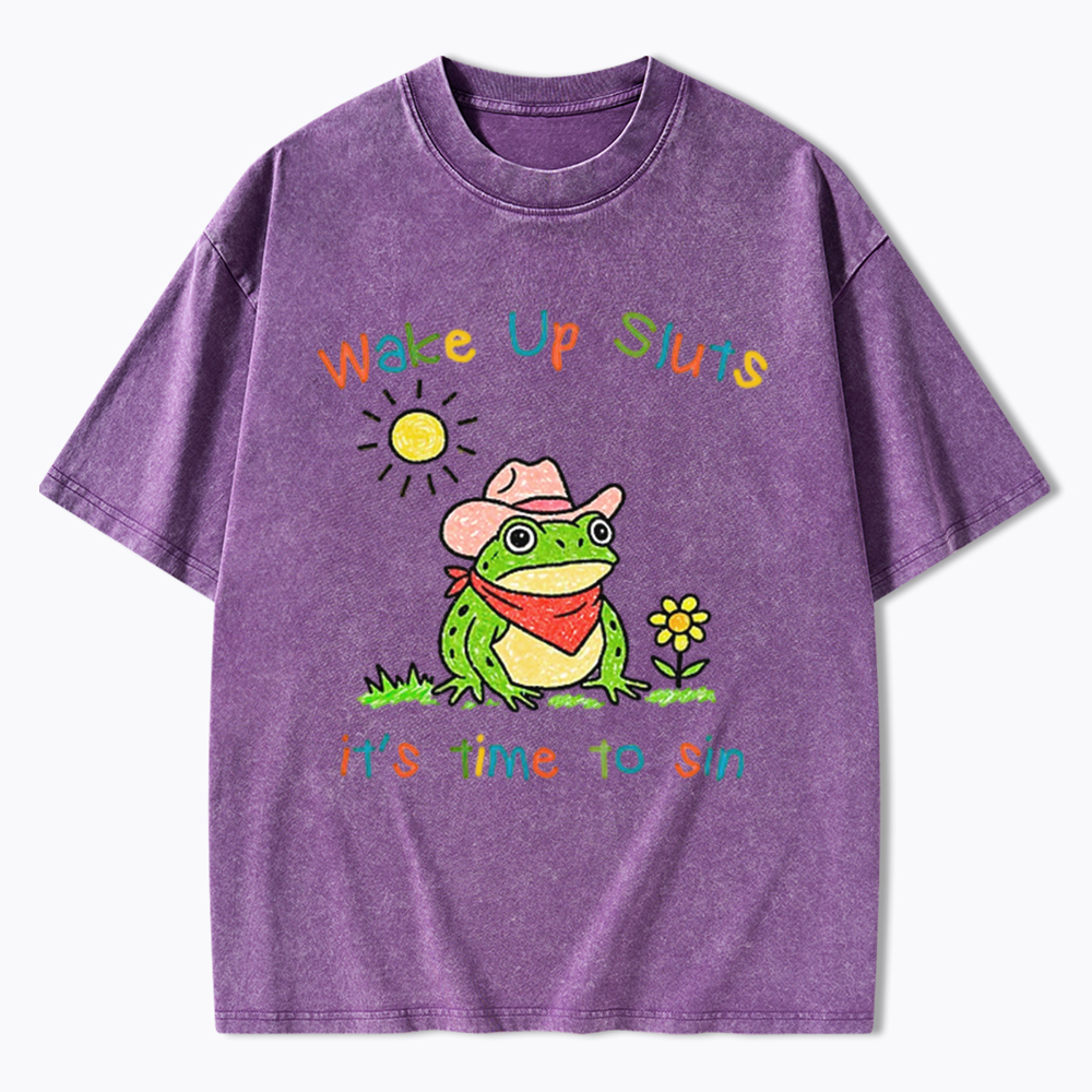 Wake Up It's Time To Sin Funny Cowboy Frog Washed T-Shirt