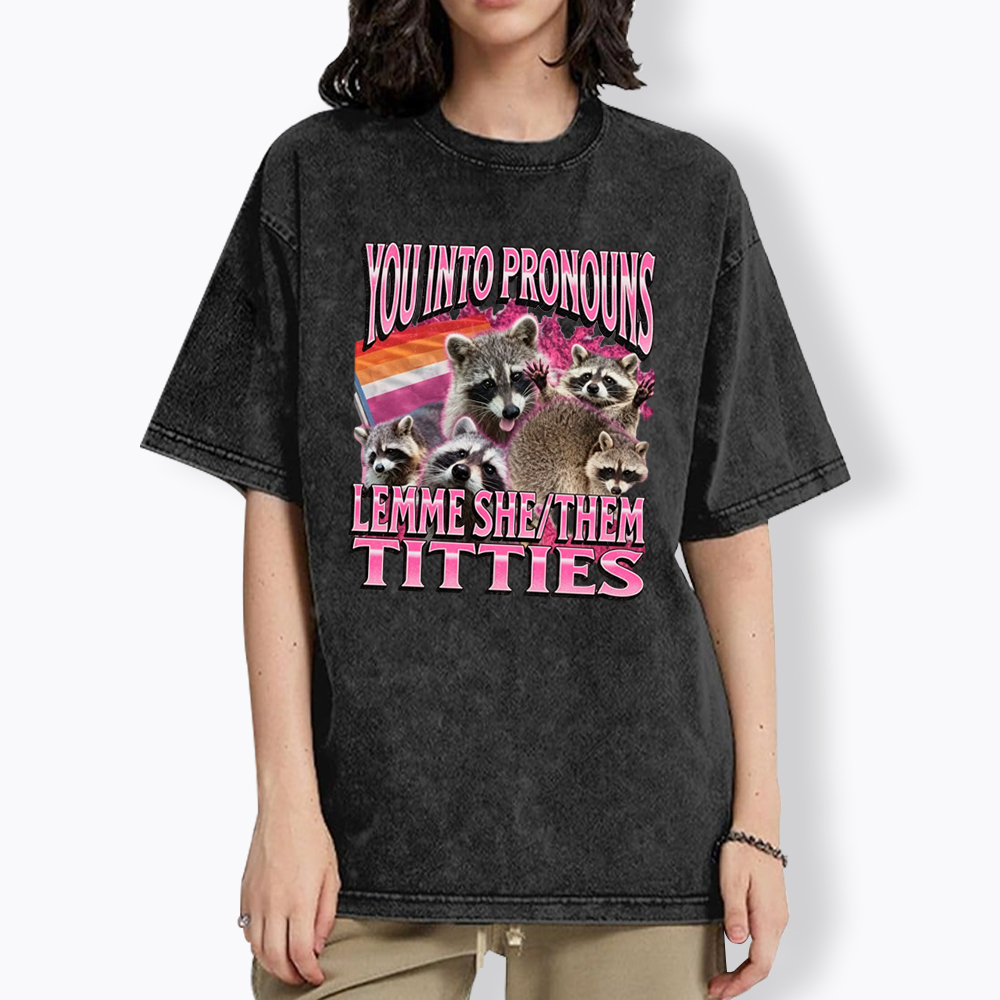 You Into Pronouns Funny Raccoon Meme Washed T-Shirt