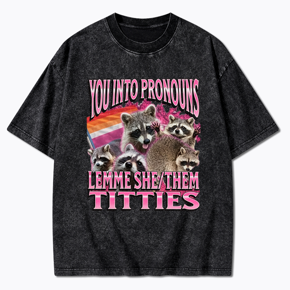 You Into Pronouns Funny Raccoon Meme Washed T-Shirt