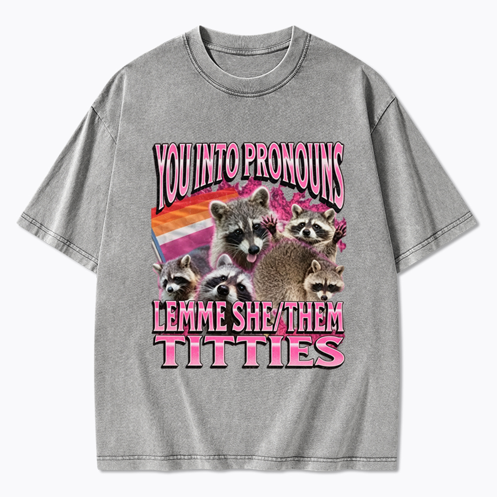 You Into Pronouns Funny Raccoon Meme Washed T-Shirt