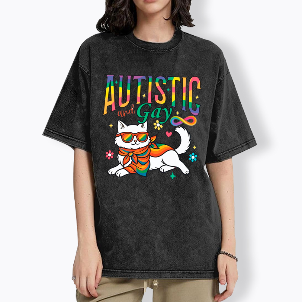 Autistic and Gay Cat Autism Awareness Washed T-Shirt