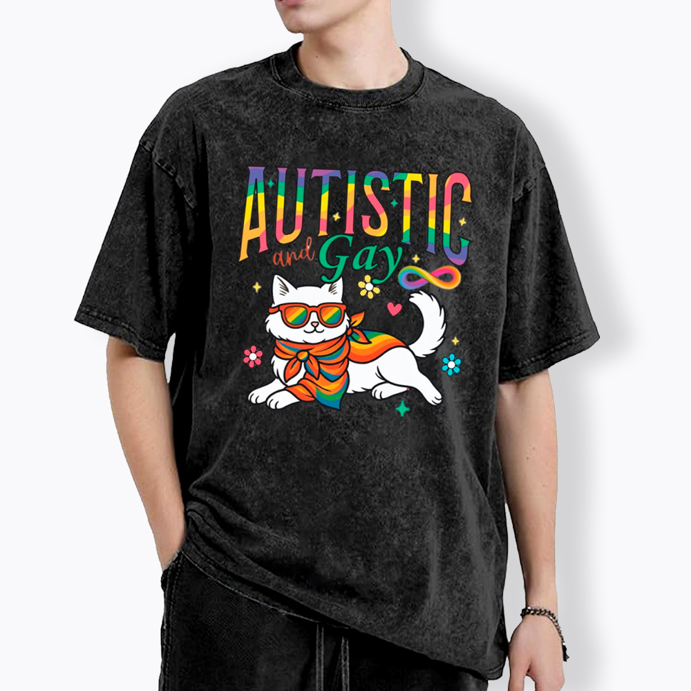 Autistic and Gay Cat Autism Awareness Washed T-Shirt