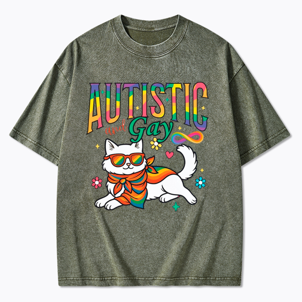 Autistic and Gay Cat Autism Awareness Washed T-Shirt