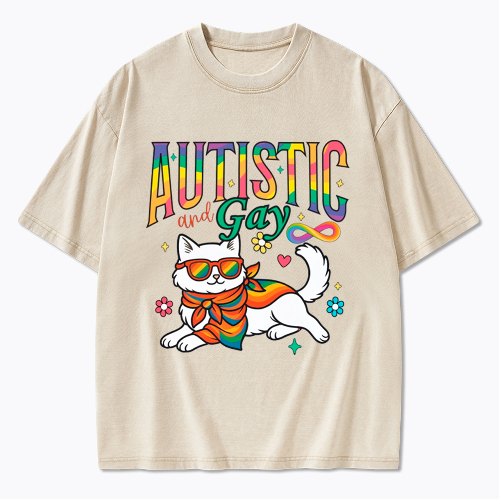 Autistic and Gay Cat Autism Awareness Washed T-Shirt