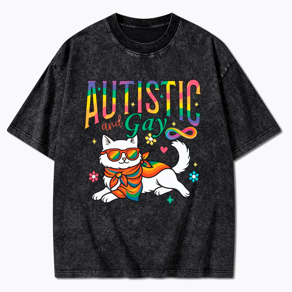 Autistic and Gay Cat Autism Awareness Washed T-Shirt