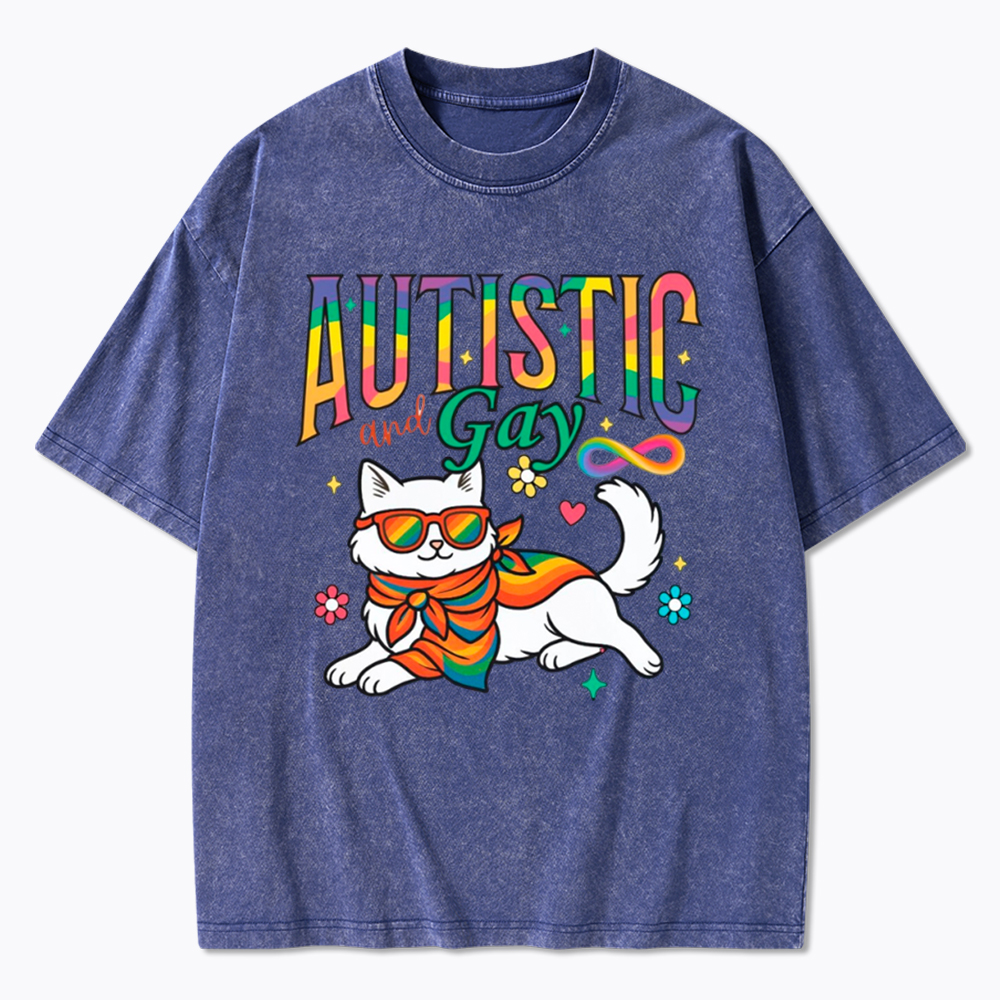 Autistic and Gay Cat Autism Awareness Washed T-Shirt