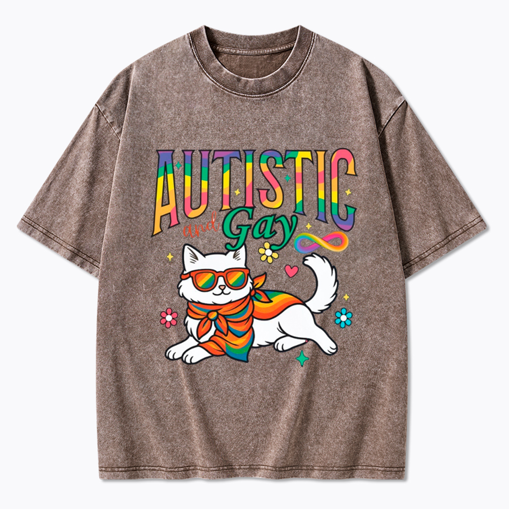 Autistic and Gay Cat Autism Awareness Washed T-Shirt