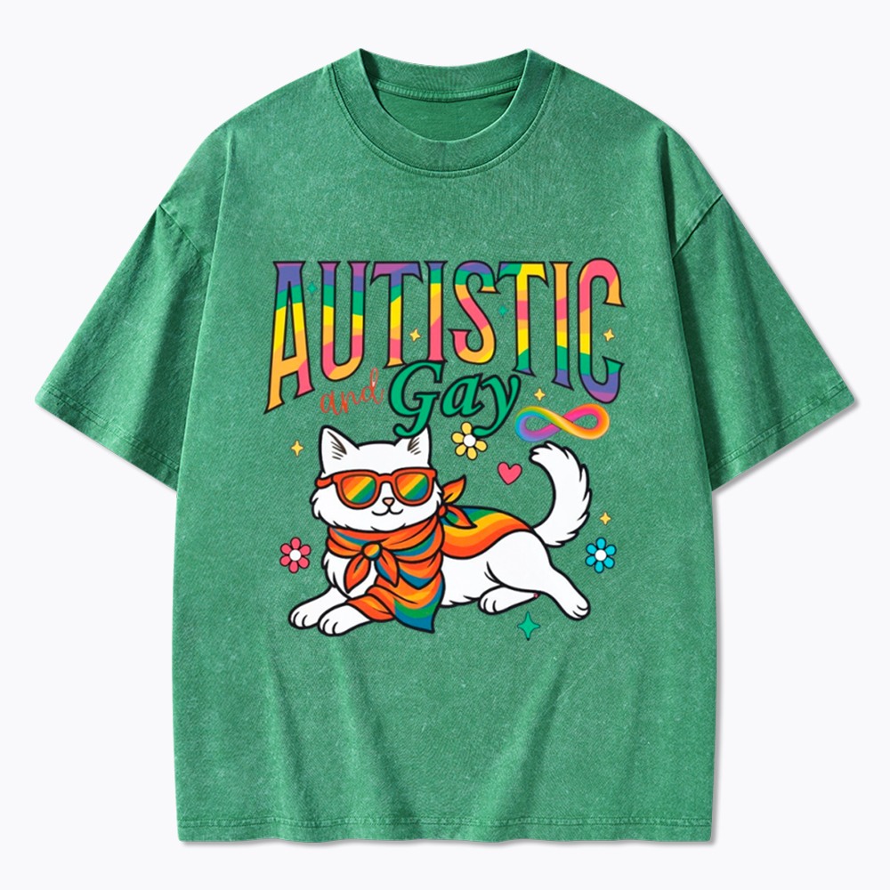 Autistic and Gay Cat Autism Awareness Washed T-Shirt