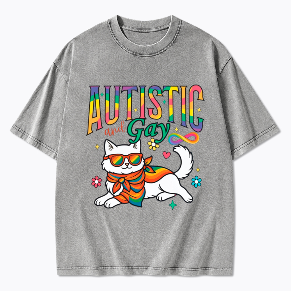 Autistic and Gay Cat Autism Awareness Washed T-Shirt