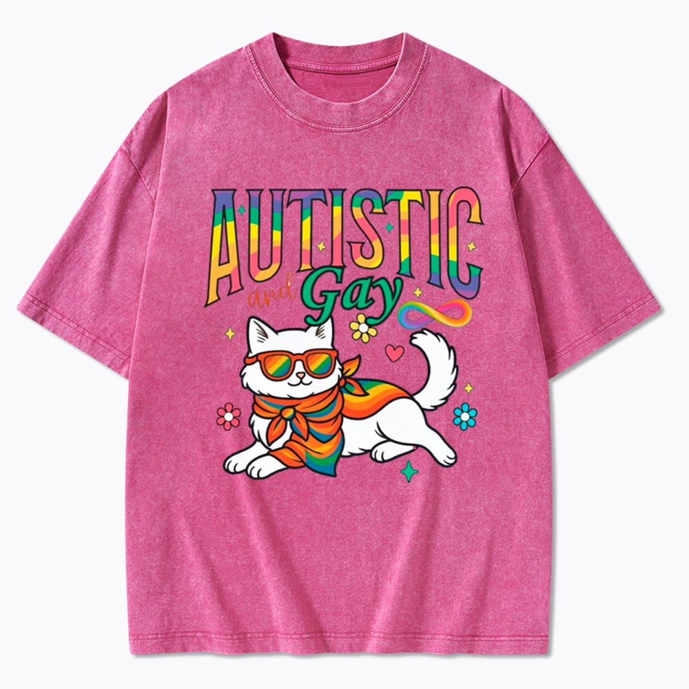 Autistic and Gay Cat Autism Awareness Washed T-Shirt
