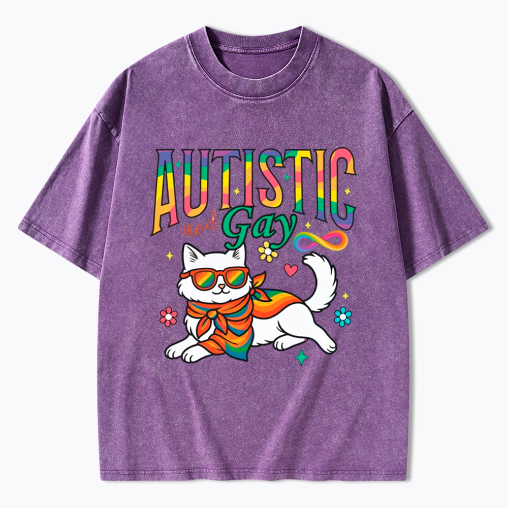 Autistic and Gay Cat Autism Awareness Washed T-Shirt