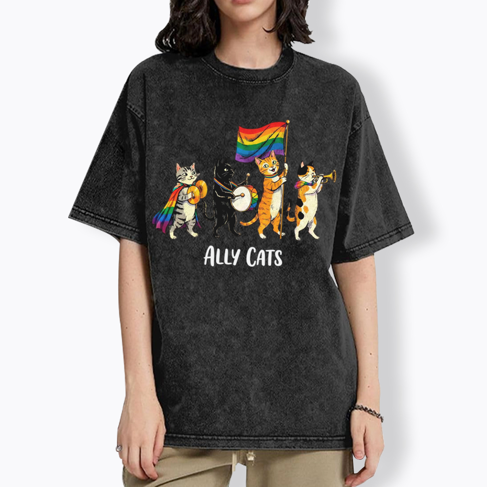 Ally Cats LGBTQ Rainbow Flag Parade Queer Washed T-Shirt