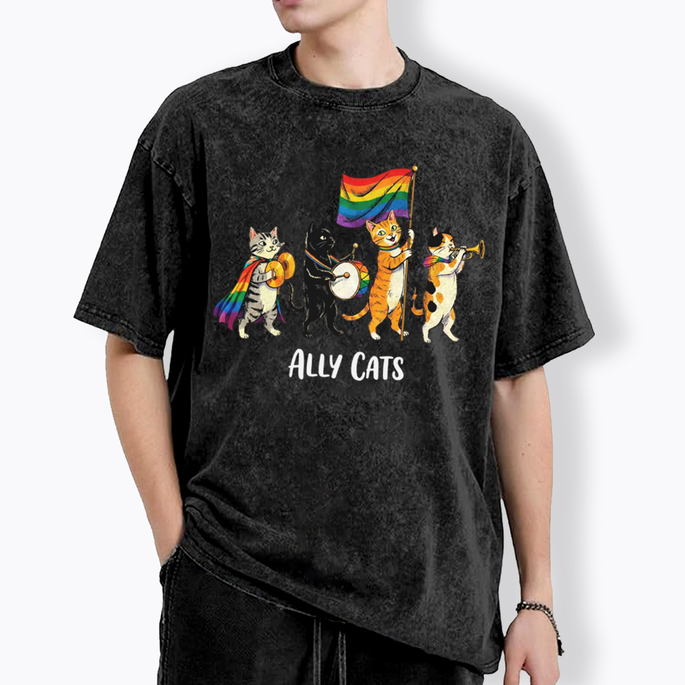 Ally Cats LGBTQ Rainbow Flag Parade Queer Washed T-Shirt