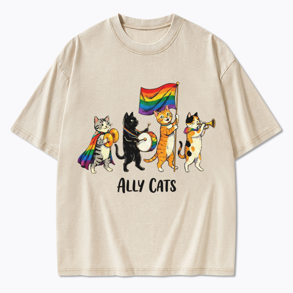 Ally Cats LGBTQ Rainbow Flag Parade Queer Washed T-Shirt