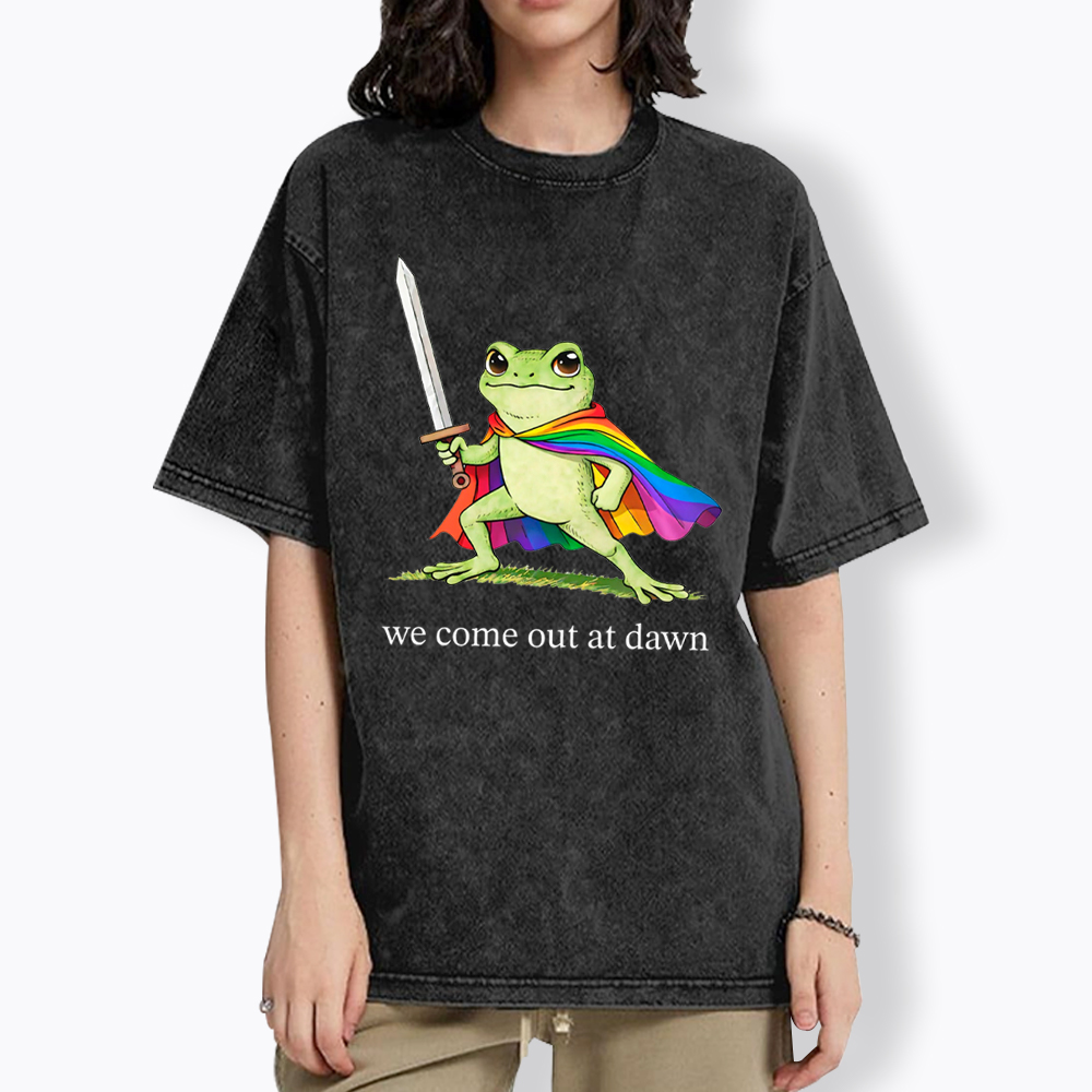Gay Frog We Come Out At Dawn Washed T-Shirt