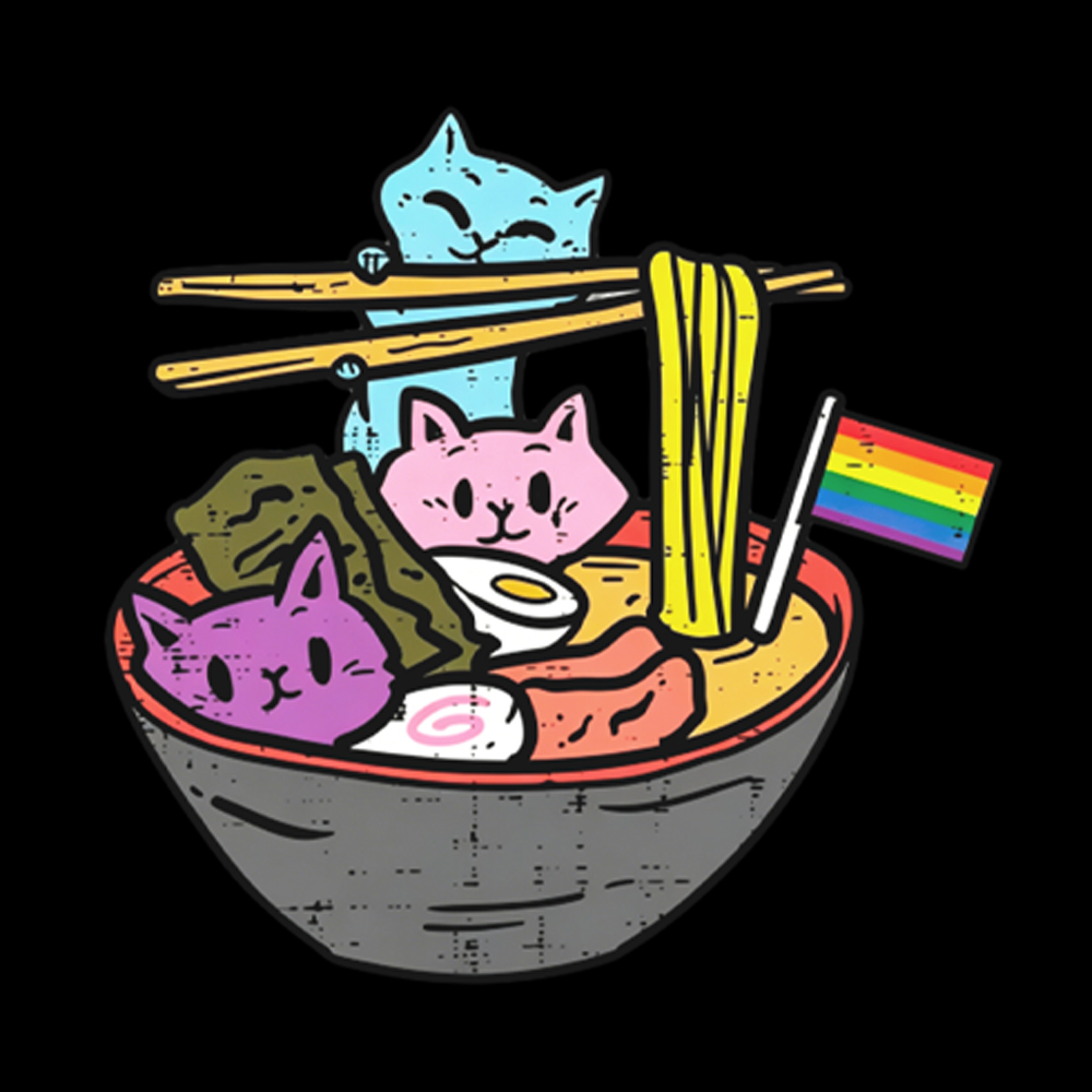 Cute Cat Ramen with Rainbow Flag Washed T-Shirt