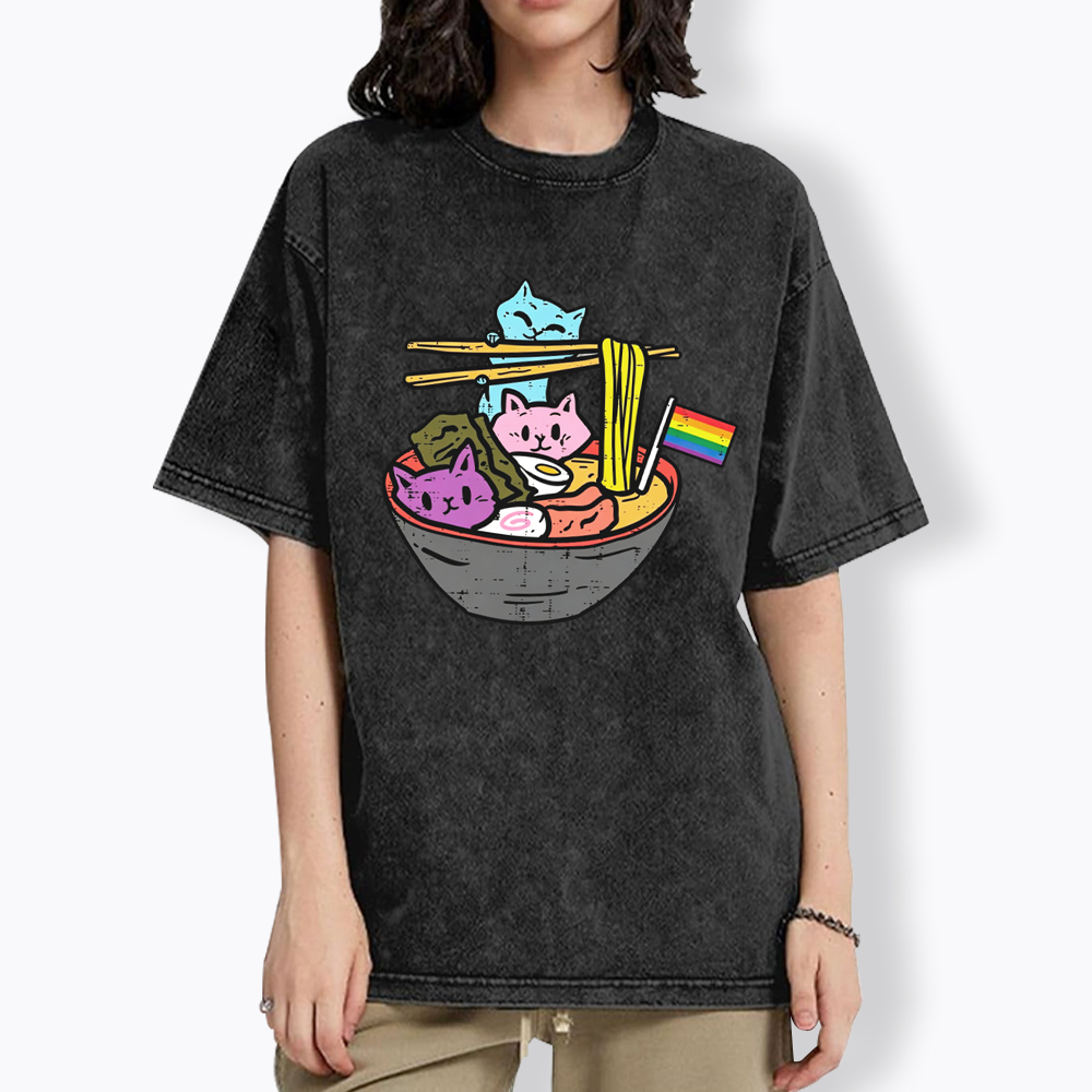Cute Cat Ramen with Rainbow Flag Washed T-Shirt
