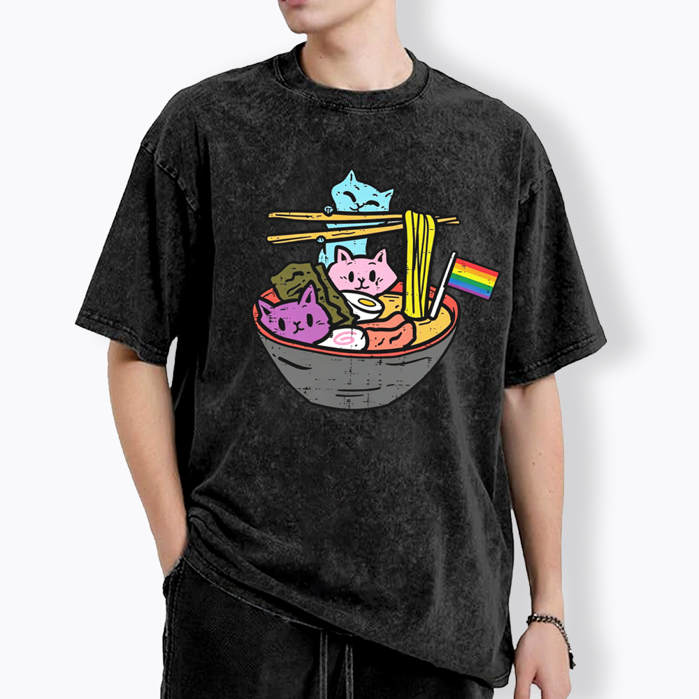 Cute Cat Ramen with Rainbow Flag Washed T-Shirt