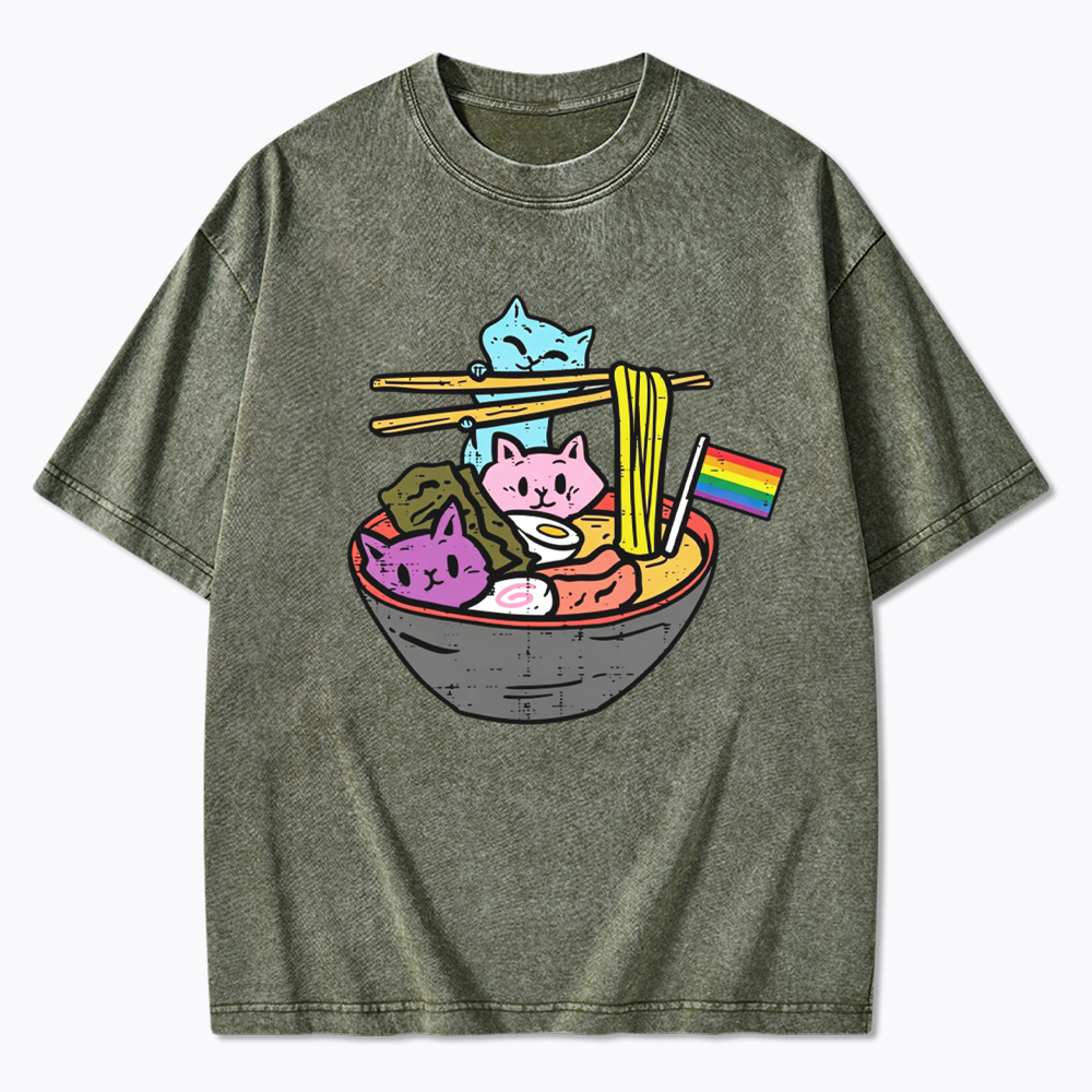 Cute Cat Ramen with Rainbow Flag Washed T-Shirt