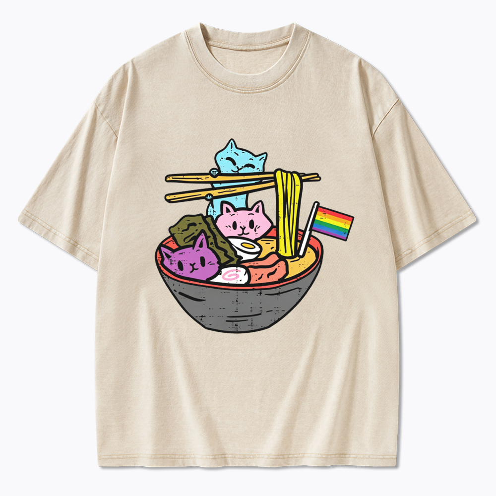 Cute Cat Ramen with Rainbow Flag Washed T-Shirt