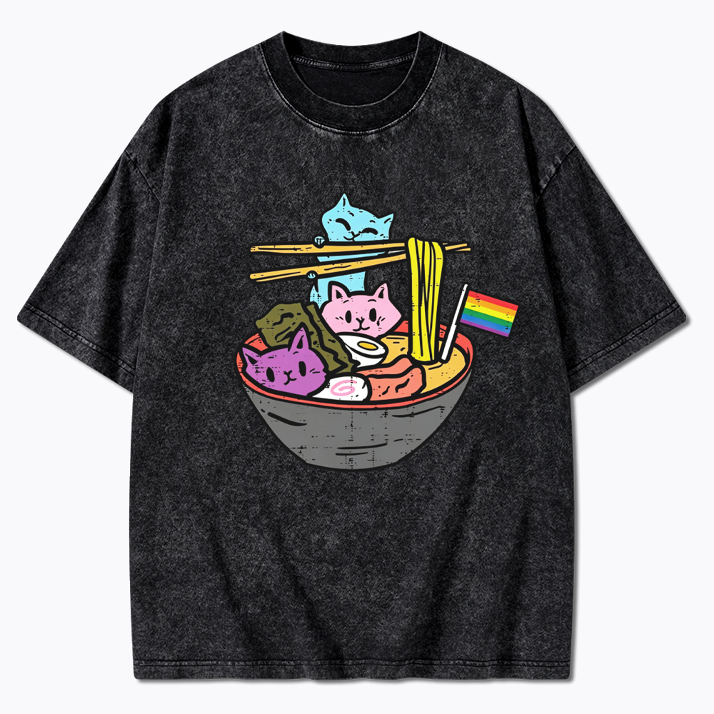 Cute Cat Ramen with Rainbow Flag Washed T-Shirt