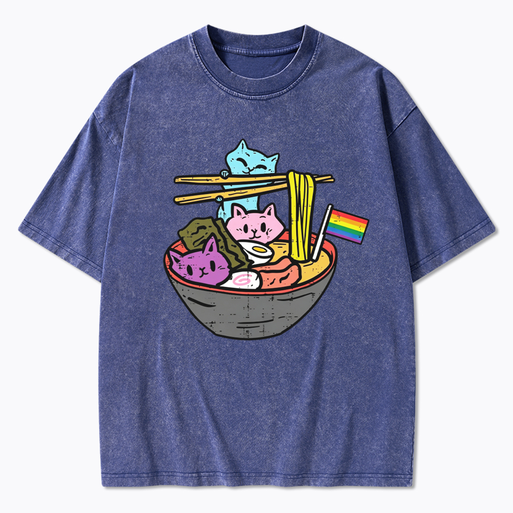 Cute Cat Ramen with Rainbow Flag Washed T-Shirt