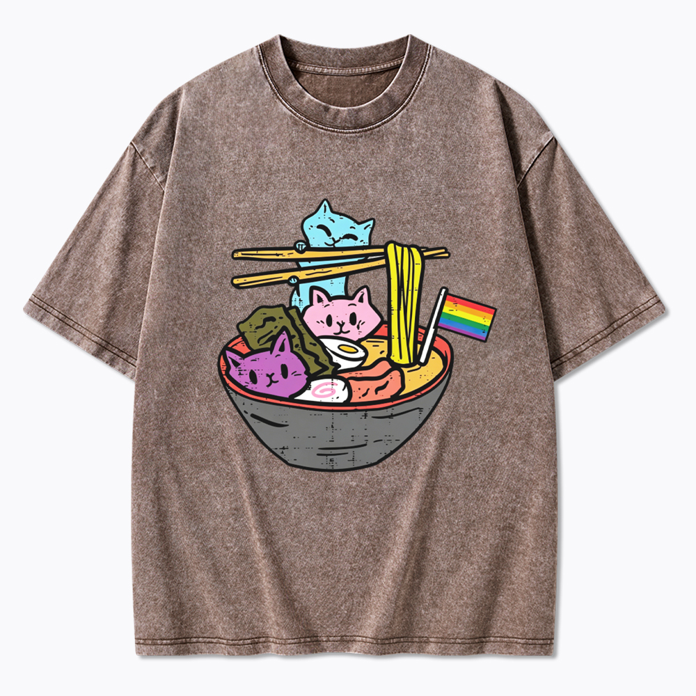 Cute Cat Ramen with Rainbow Flag Washed T-Shirt