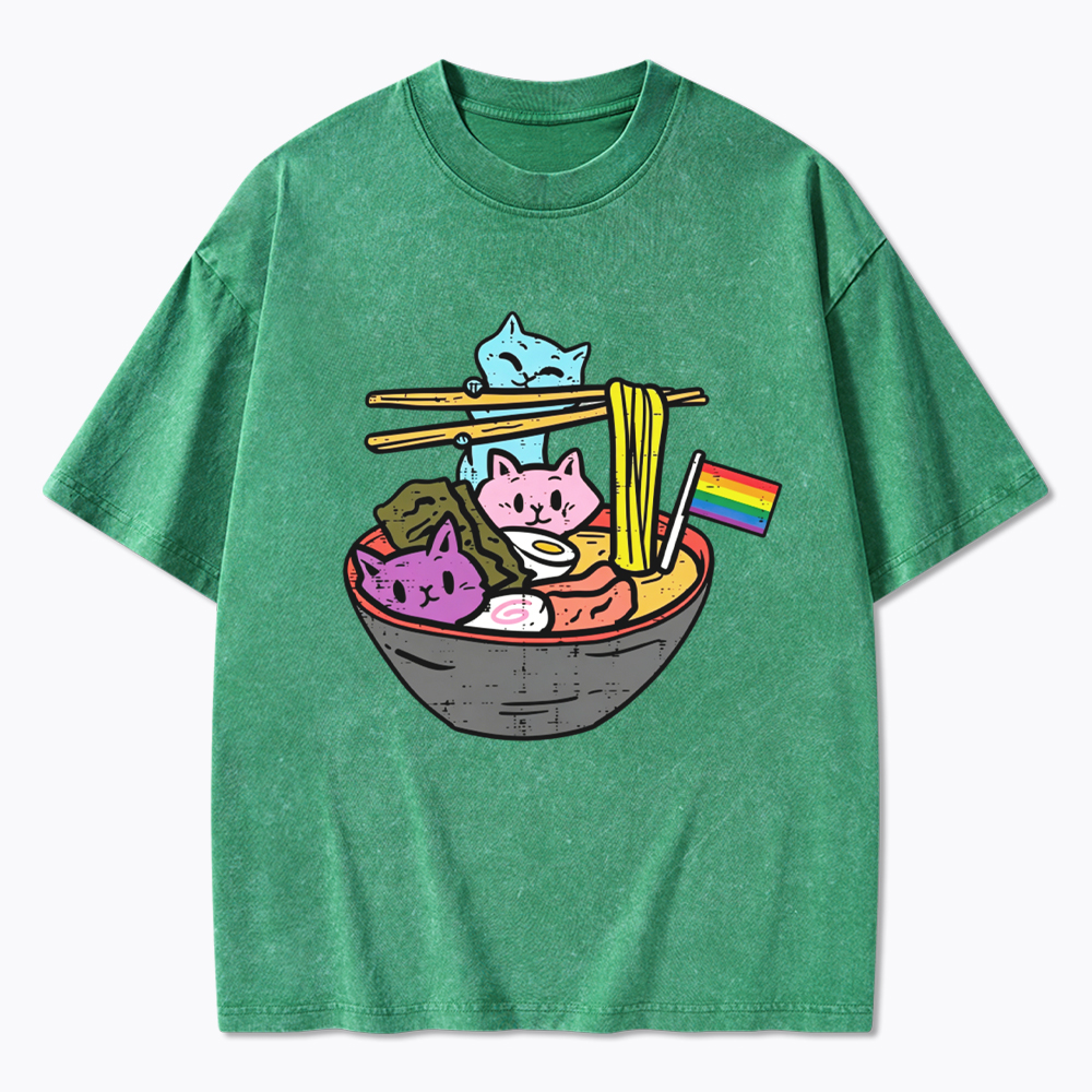 Cute Cat Ramen with Rainbow Flag Washed T-Shirt