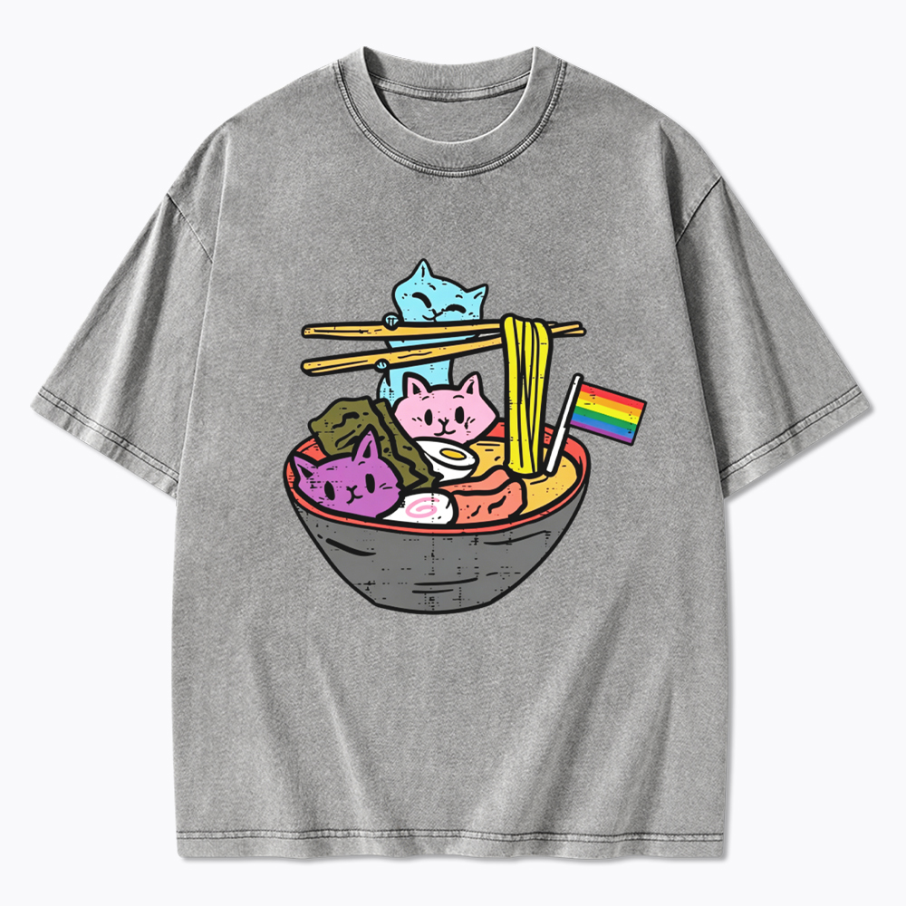 Cute Cat Ramen with Rainbow Flag Washed T-Shirt