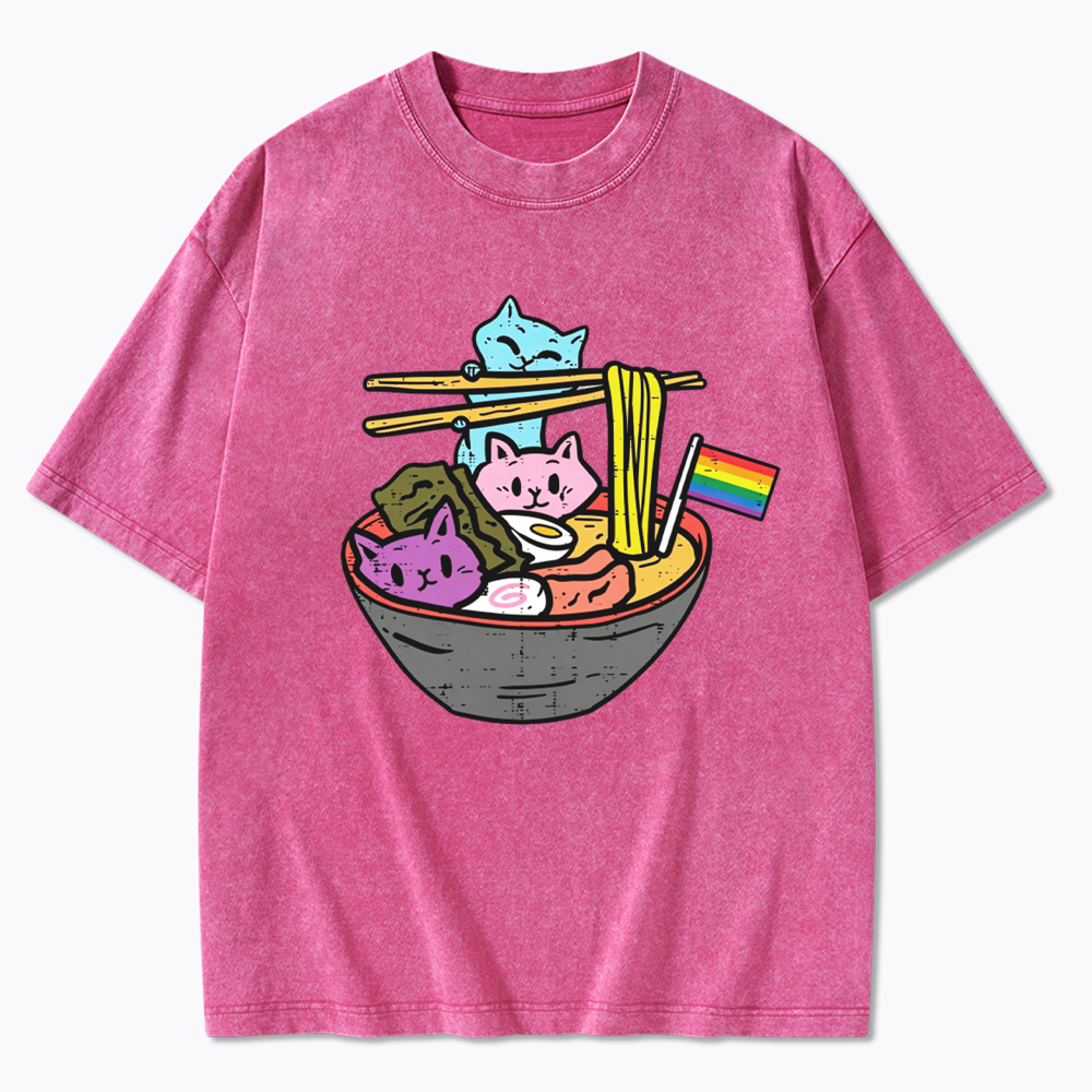 Cute Cat Ramen with Rainbow Flag Washed T-Shirt