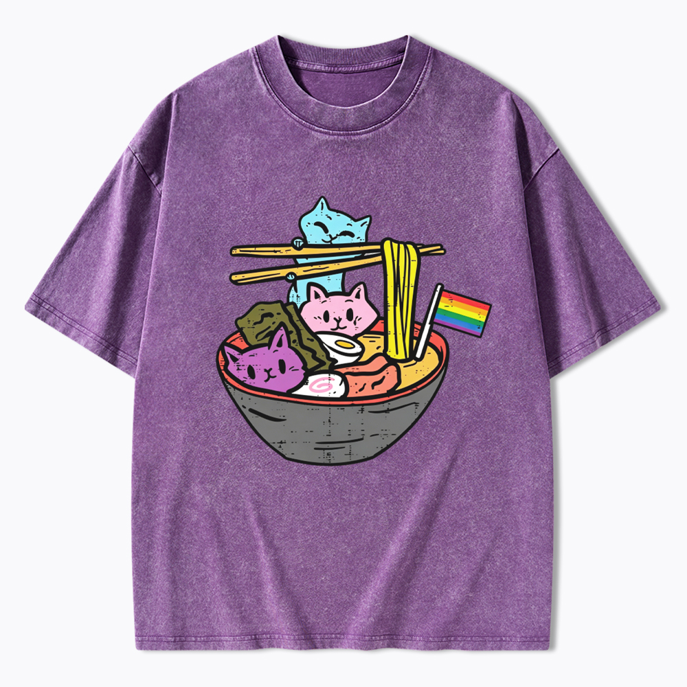 Cute Cat Ramen with Rainbow Flag Washed T-Shirt