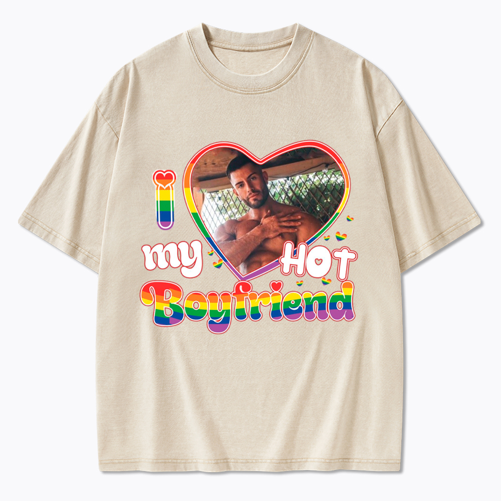 Personalized I Love My Hot Boyfriend Girlfriend Custom Photo Washed T-Shirt