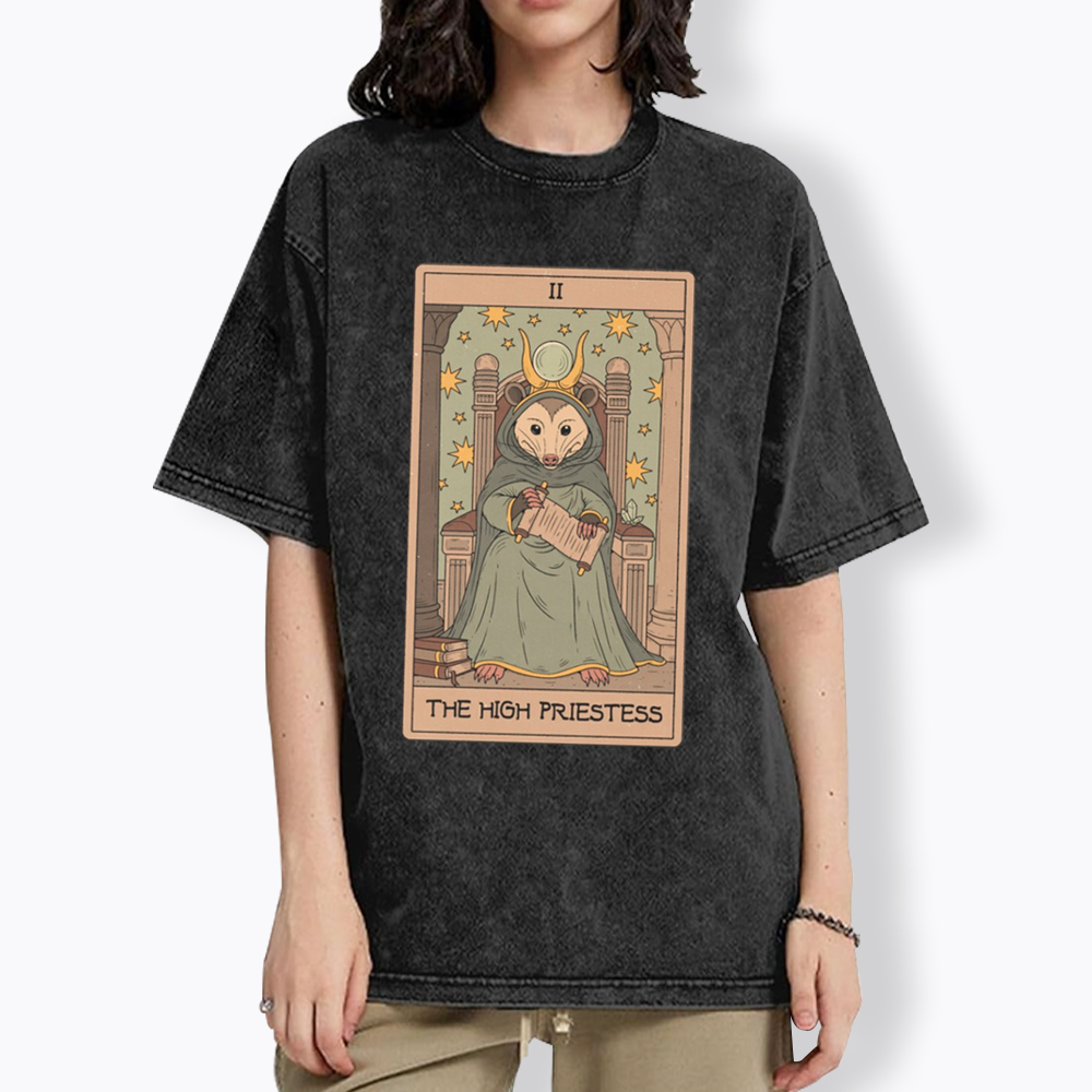 The High Priestess Possum Tarot Washed T-Shirt
