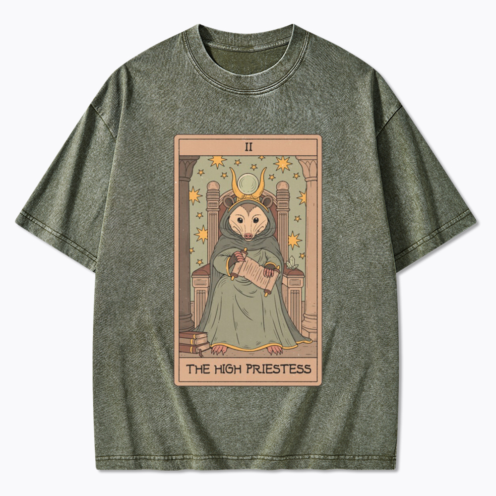 The High Priestess Possum Tarot Washed T-Shirt
