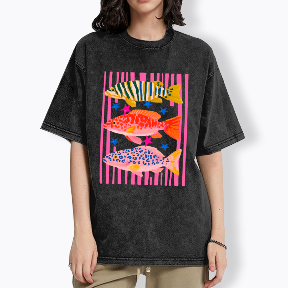 Colorful Maximalist Tropical Fish Trio Washed T-Shirt