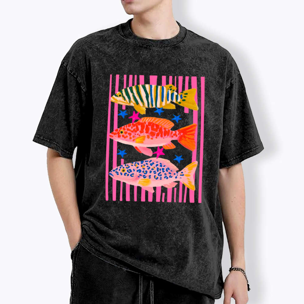 Colorful Maximalist Tropical Fish Trio Washed T-Shirt