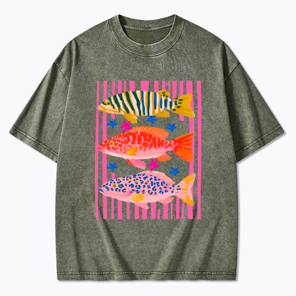 Colorful Maximalist Tropical Fish Trio Washed T-Shirt