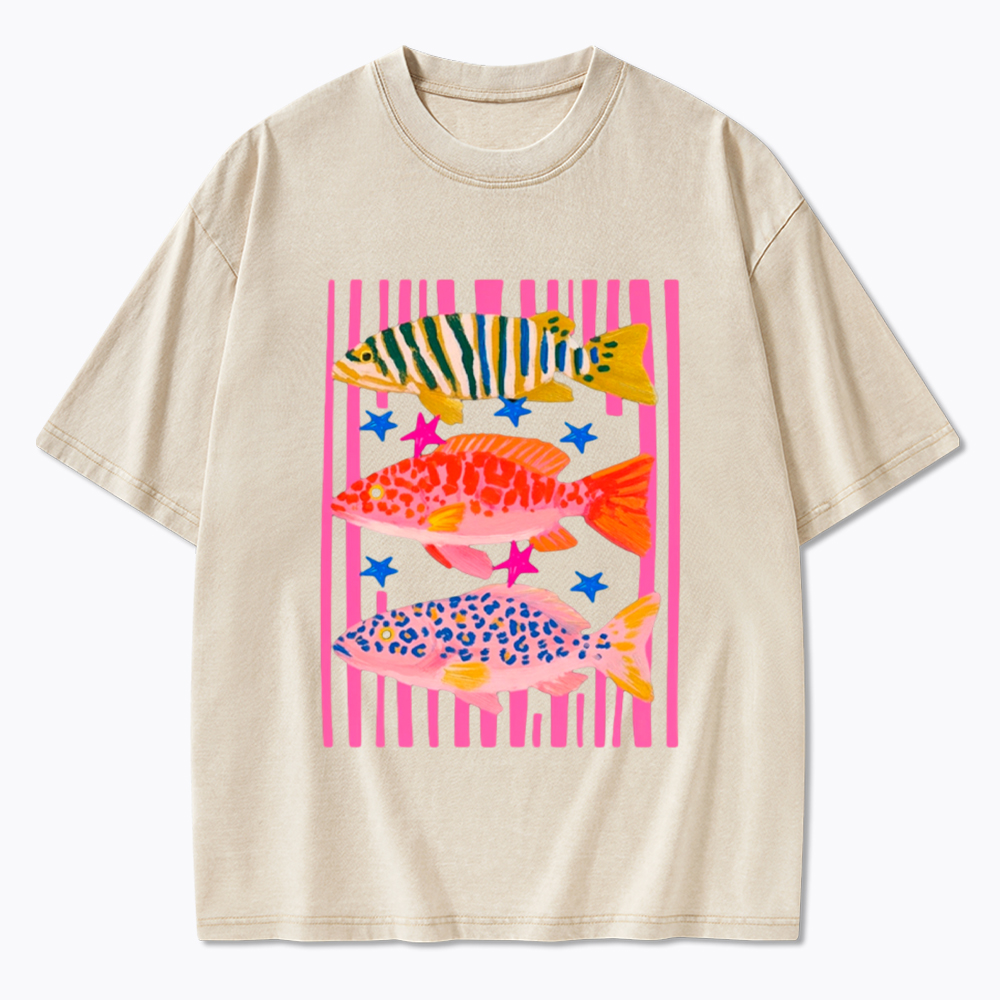 Colorful Maximalist Tropical Fish Trio Washed T-Shirt