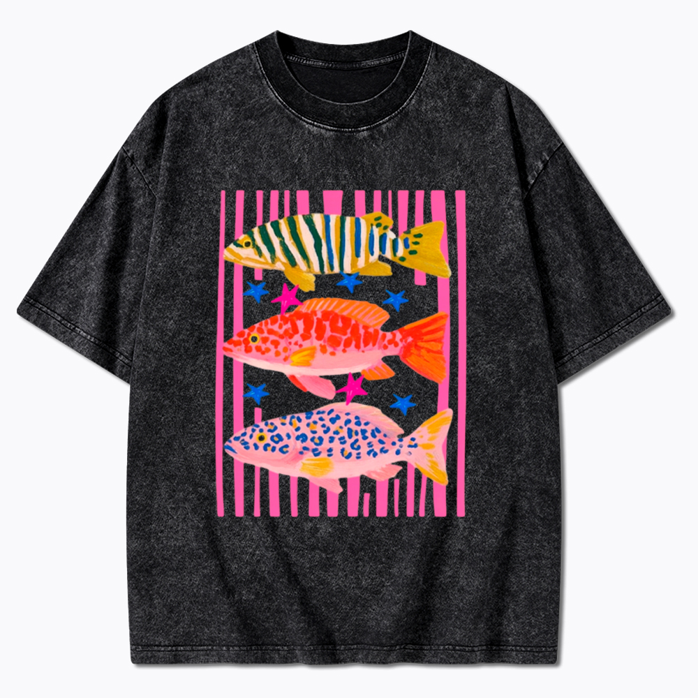 Colorful Maximalist Tropical Fish Trio Washed T-Shirt