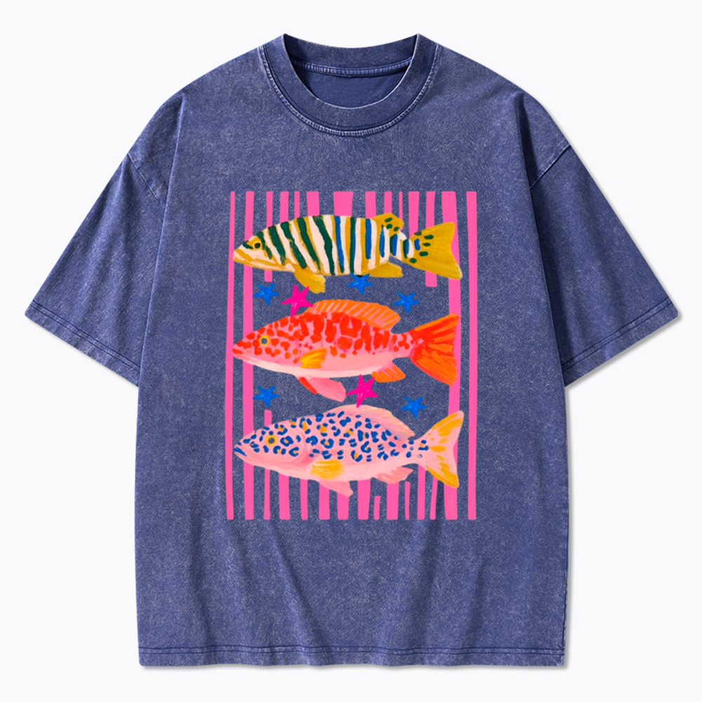 Colorful Maximalist Tropical Fish Trio Washed T-Shirt