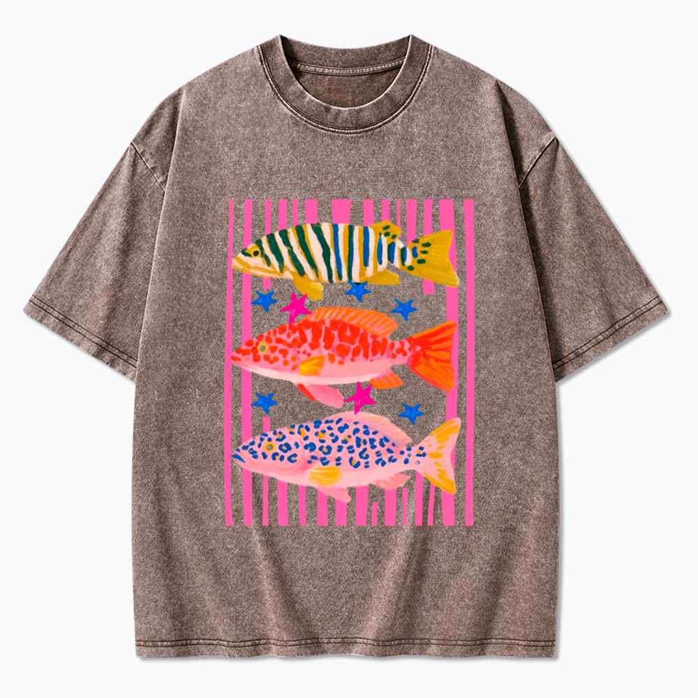 Colorful Maximalist Tropical Fish Trio Washed T-Shirt