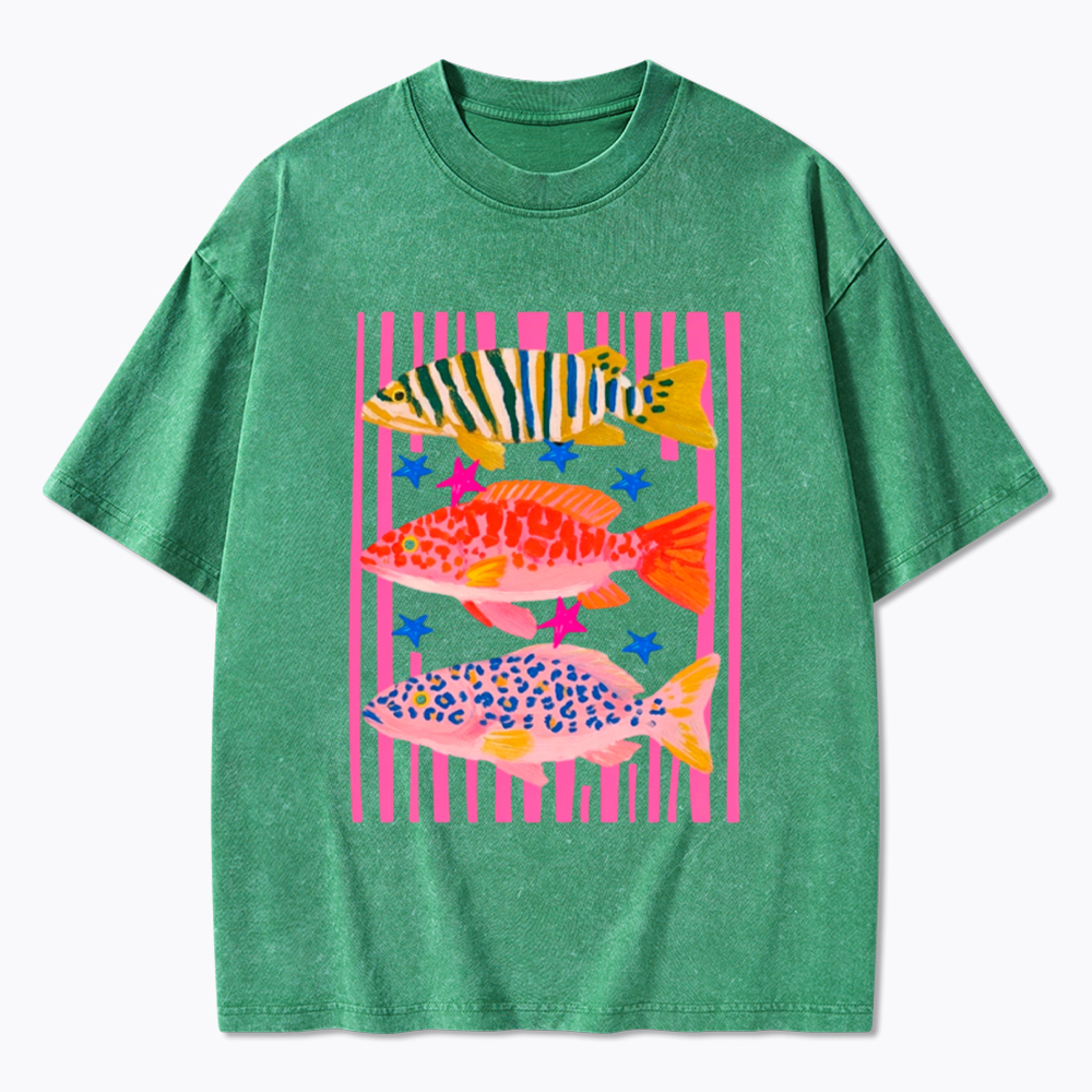 Colorful Maximalist Tropical Fish Trio Washed T-Shirt