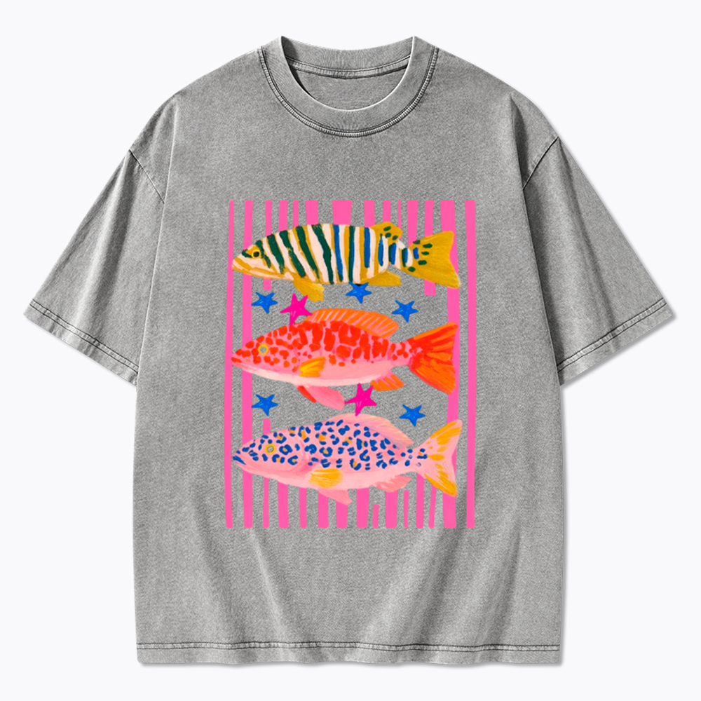 Colorful Maximalist Tropical Fish Trio Washed T-Shirt