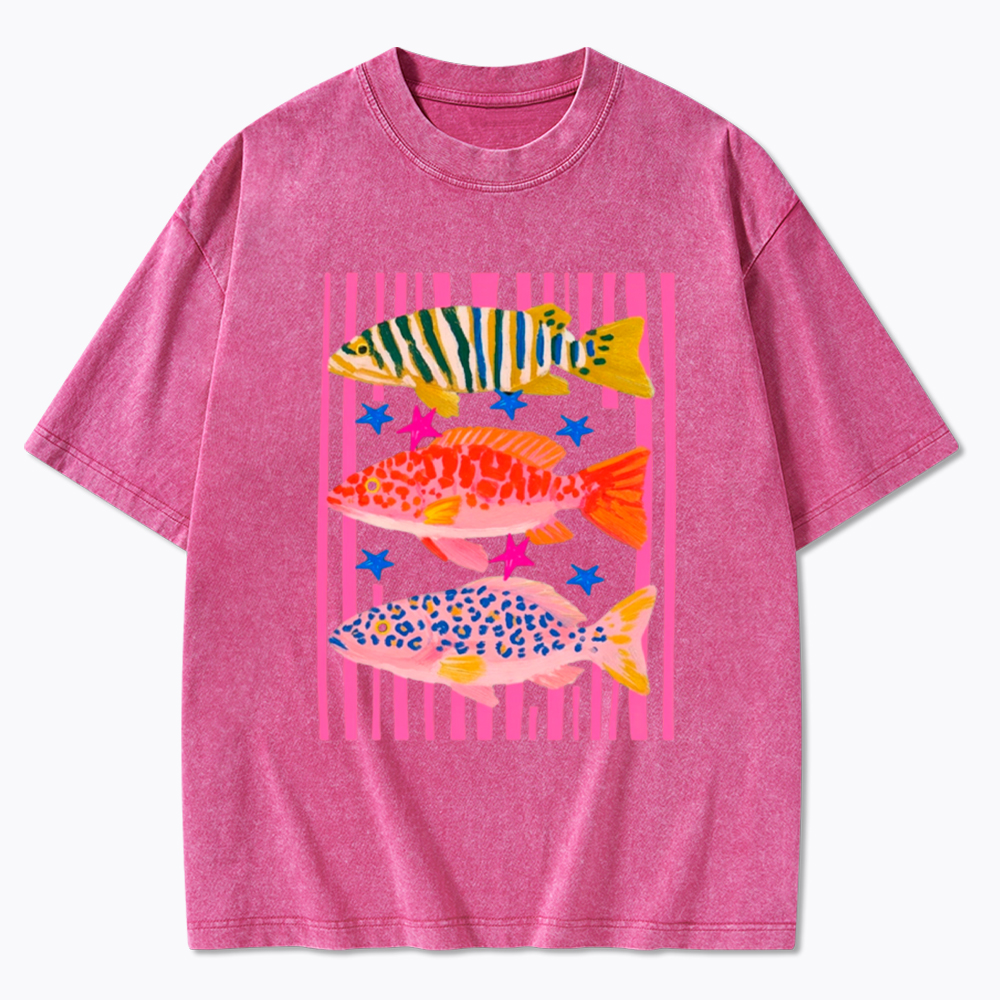 Colorful Maximalist Tropical Fish Trio Washed T-Shirt