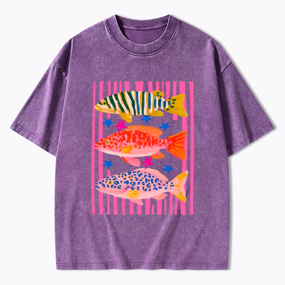 Colorful Maximalist Tropical Fish Trio Washed T-Shirt