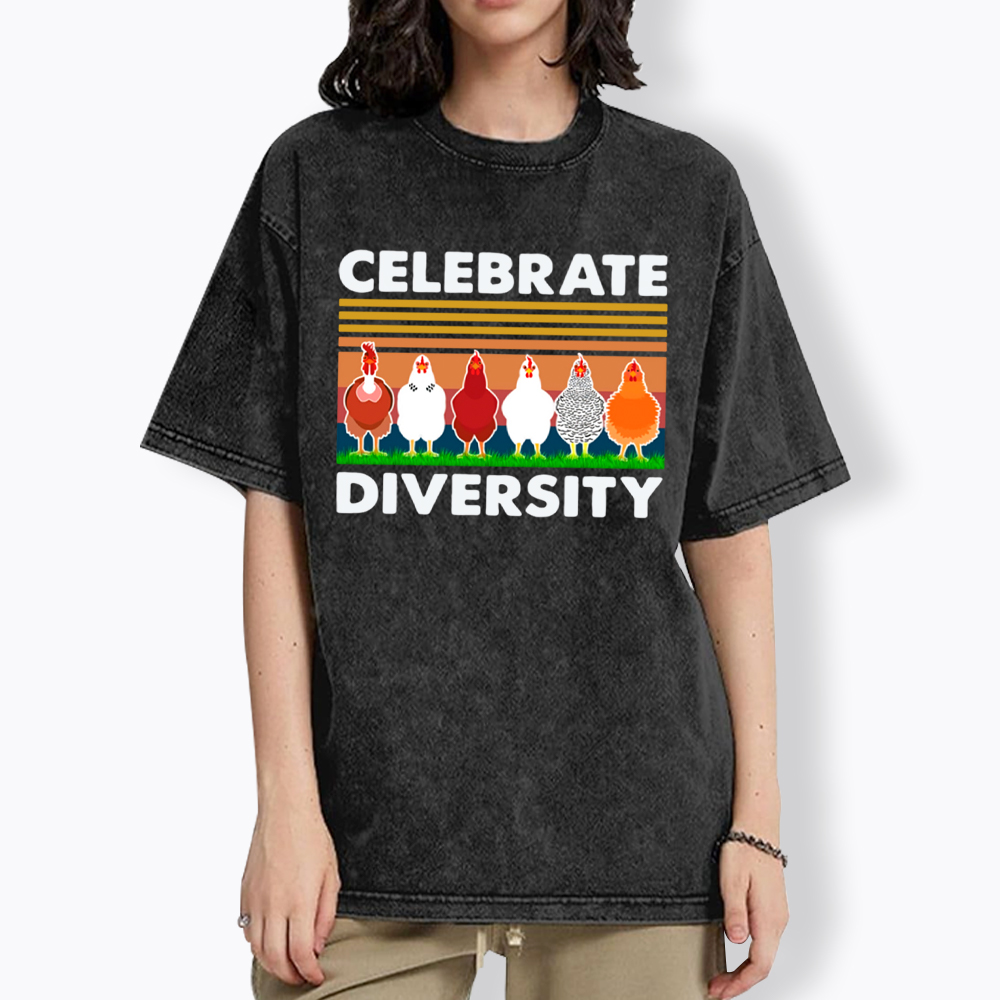 Retro Chicken Celebrate Diversity Washed T-Shirt
