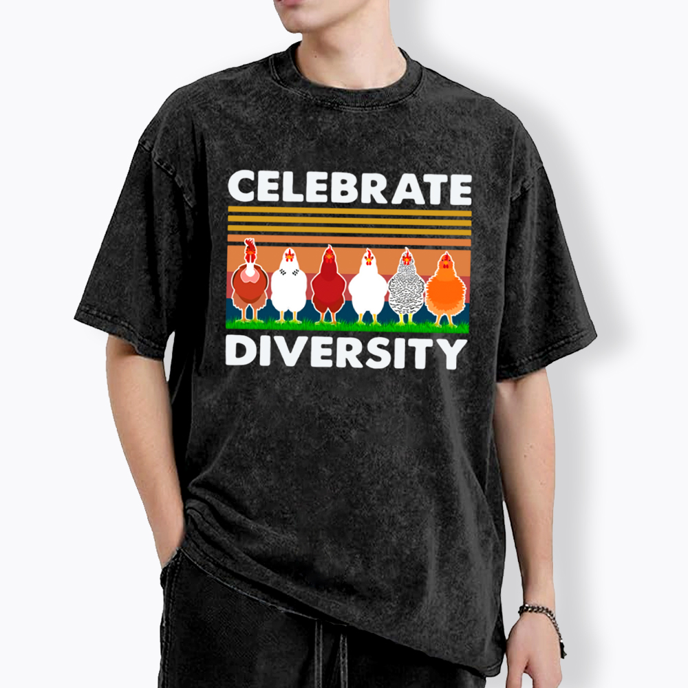 Retro Chicken Celebrate Diversity Washed T-Shirt